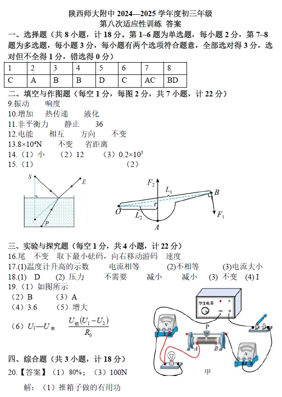 天舟高考衡中同卷·2025-2026学年度高三一轮复习周测卷(一)1物理答案